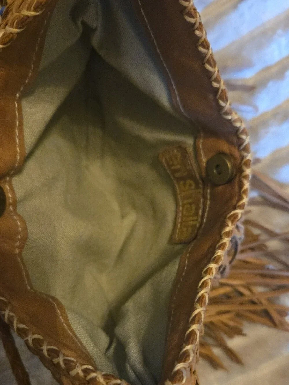 Anthropologie Leather Fringe Crossbody Bag with Blue & Cream Beaded Accent - Picture 4 of 11